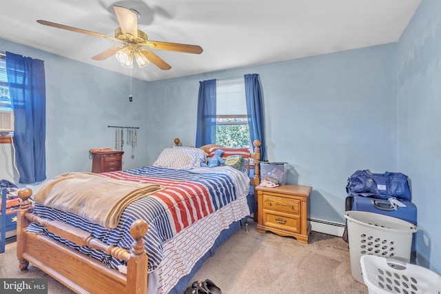 bedroom with light carpet, a baseboard heating unit, and ceiling fan