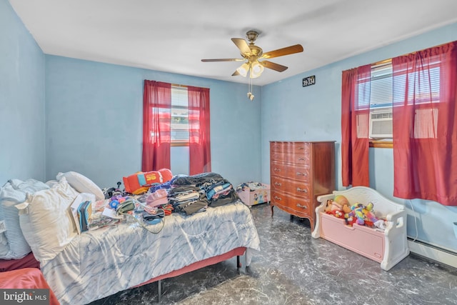 bedroom featuring cooling unit, multiple windows, and ceiling fan