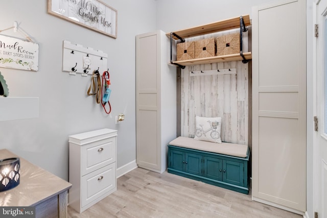 mudroom with light hardwood / wood-style floors