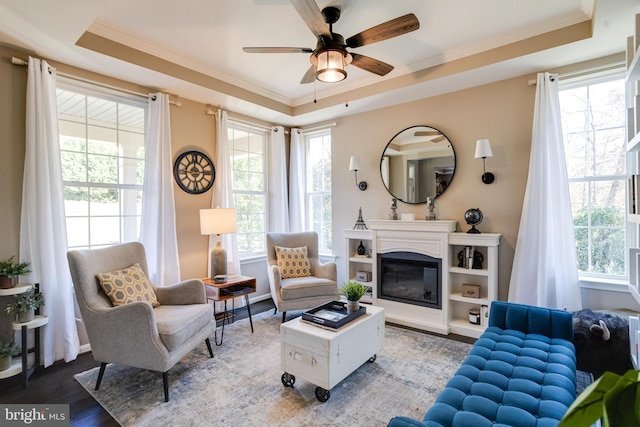 living room featuring crown molding, ceiling fan, wood-type flooring, and a tray ceiling