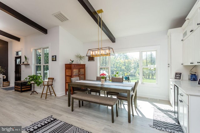 dining space featuring a healthy amount of sunlight, beamed ceiling, and light wood-type flooring