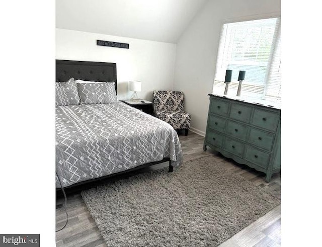 bedroom with light hardwood / wood-style floors and lofted ceiling