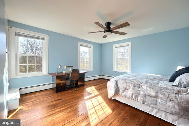 bedroom featuring ceiling fan, light hardwood / wood-style floors, and a baseboard radiator