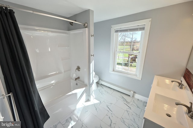 full bathroom with toilet, vanity, shower / bath combo with shower curtain, and baseboard heating