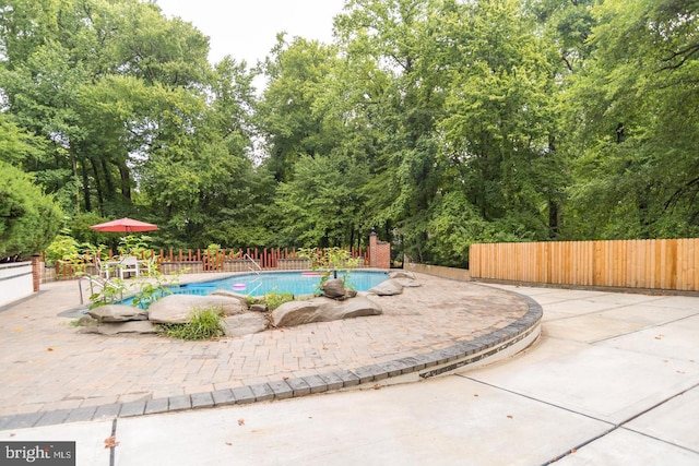 view of swimming pool featuring a fenced backyard, a fenced in pool, and a patio