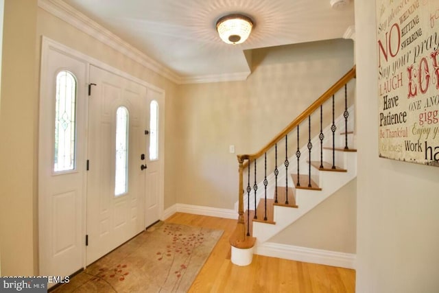 entryway featuring ornamental molding and wood-type flooring