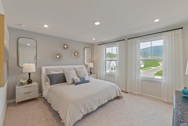 bedroom featuring multiple windows and light carpet