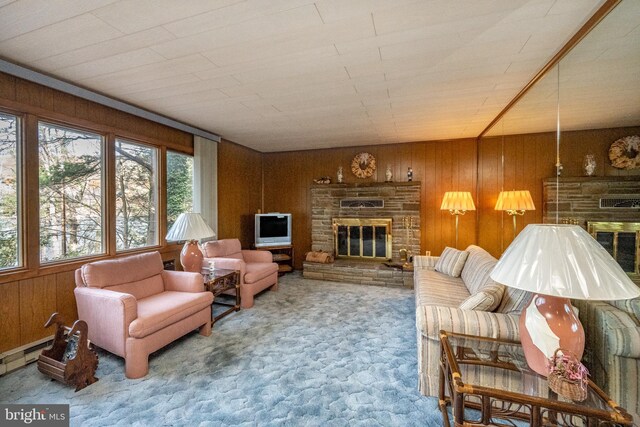 330 State Park Rd, Swanton, MD 21561 - living room with a stone fireplace, carpet flooring, wooden walls, and a baseboard radiator