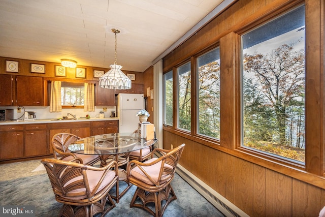 dining room featuring wood walls, sink, and plenty of natural light