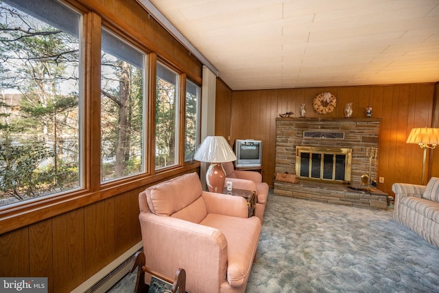 330 State Park Rd, Swanton, MD 21561 - living area with healthy amount of natural light, wood walls, carpet, and a stone fireplace