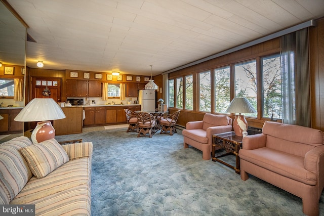 carpeted living room featuring wooden walls and a healthy amount of sunlight