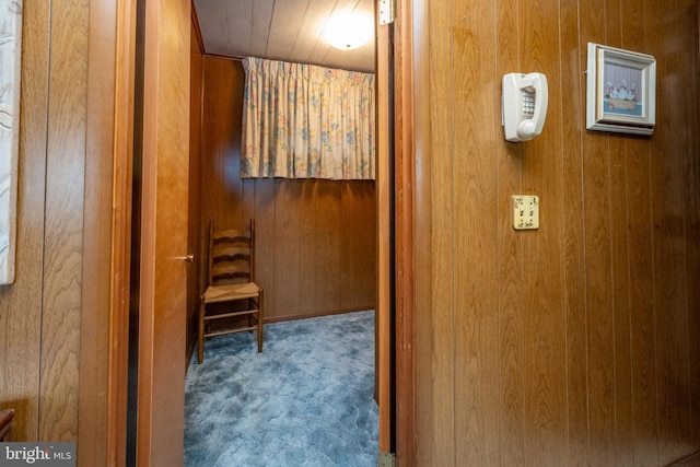 interior space with wood ceiling and wood walls