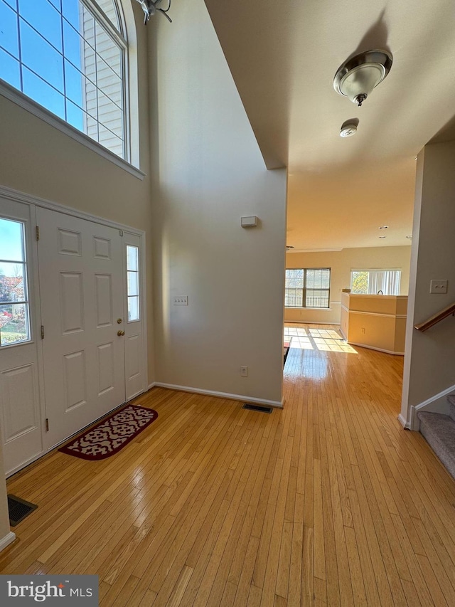 foyer entrance featuring a high ceiling and light wood-type flooring