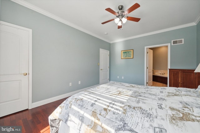 bedroom with dark hardwood / wood-style flooring, crown molding, ensuite bathroom, and ceiling fan