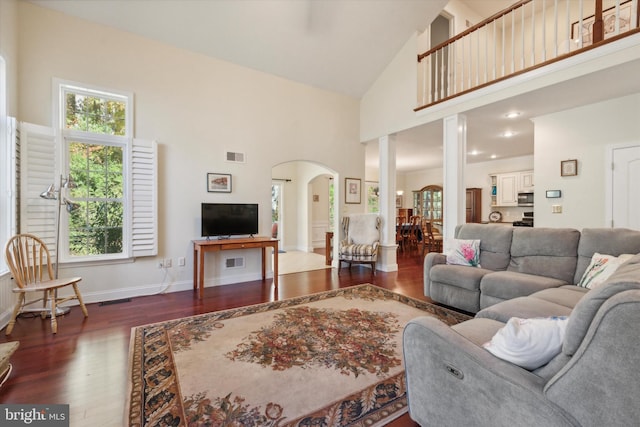 living room featuring high vaulted ceiling and dark hardwood / wood-style flooring