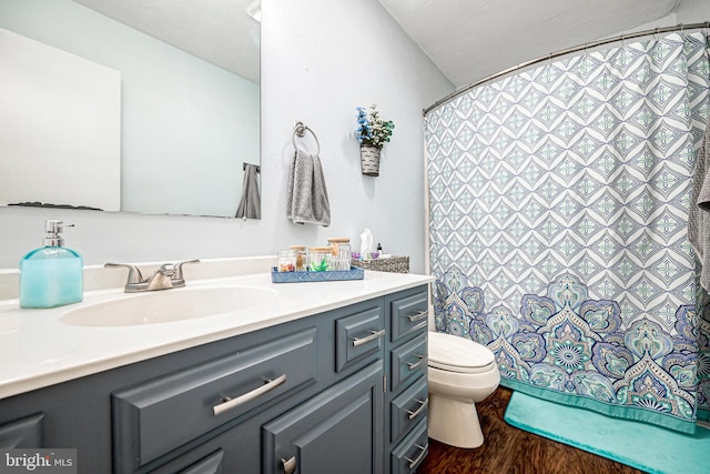 bathroom with toilet, vanity, and hardwood / wood-style flooring