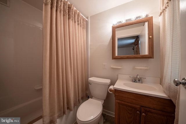 full bathroom with toilet, shower / bath combo, and vanity