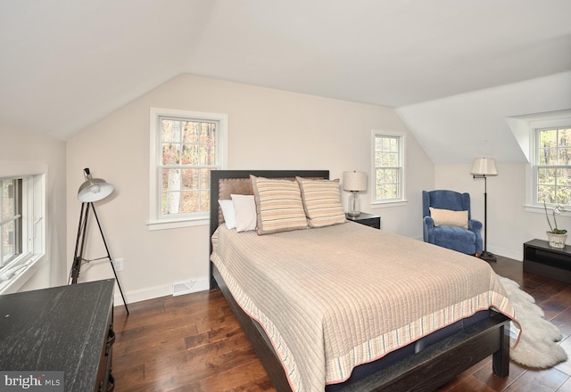 bedroom featuring multiple windows, dark wood-type flooring, and vaulted ceiling