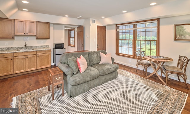 living room featuring dark wood-type flooring, vaulted ceiling, and sink