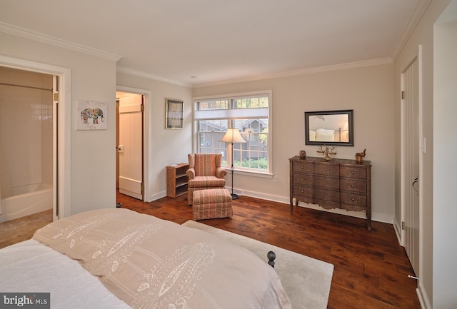 bedroom with ornamental molding and dark hardwood / wood-style floors