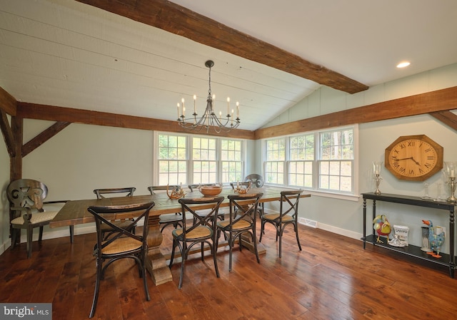 dining room featuring dark wood-type flooring, vaulted ceiling with beams, and a chandelier