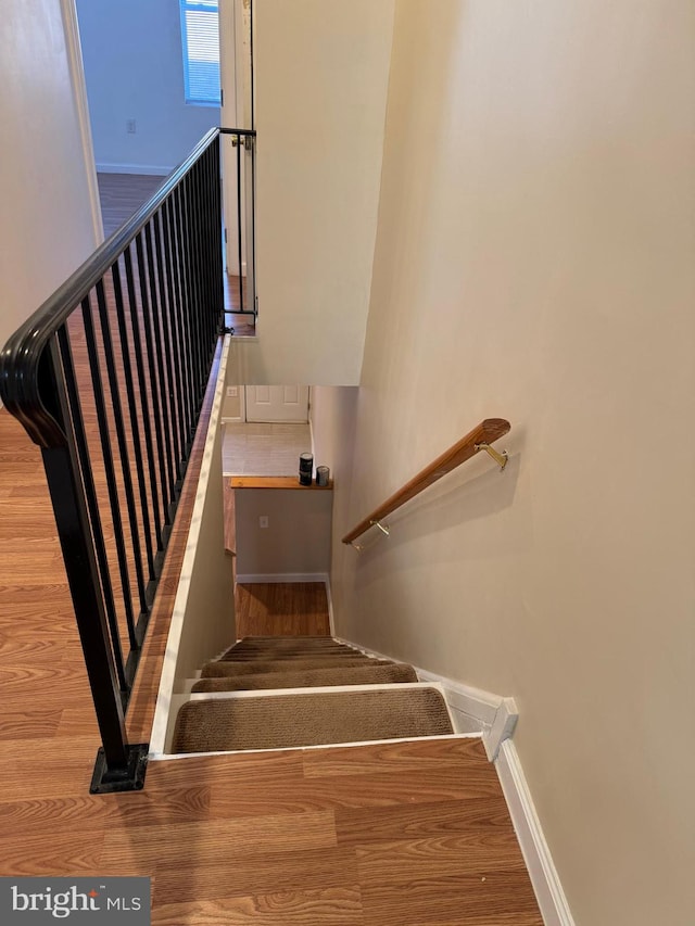 staircase with hardwood / wood-style flooring