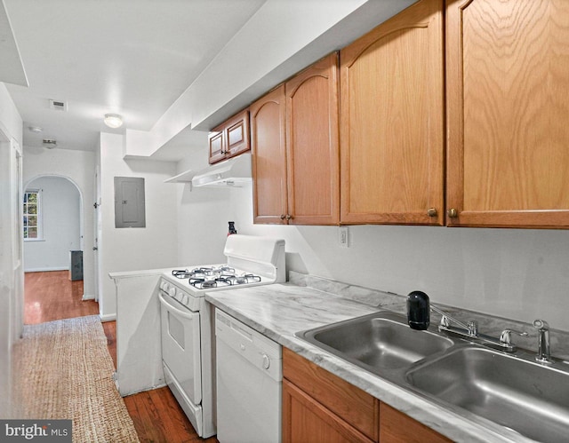 kitchen featuring dark wood-type flooring, white appliances, sink, and electric panel