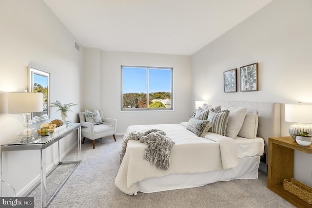 bedroom featuring light colored carpet and multiple windows