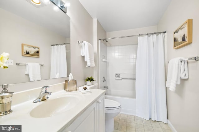 full bathroom with shower / tub combo with curtain, vanity, toilet, and tile patterned flooring