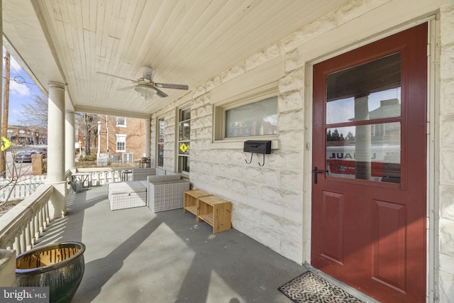 view of patio / terrace featuring a ceiling fan and covered porch