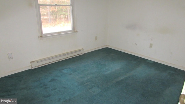 unfurnished room with dark colored carpet and a baseboard radiator