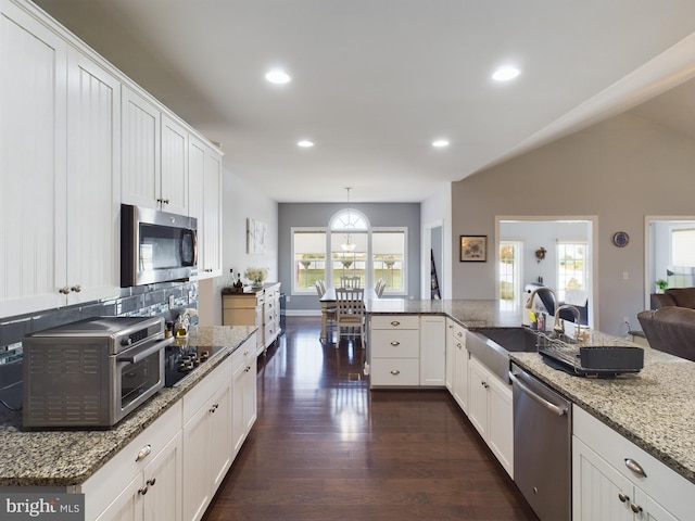 kitchen with stainless steel appliances, lofted ceiling, a wealth of natural light, and pendant lighting