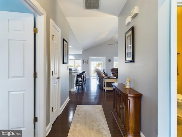 corridor featuring lofted ceiling, sink, and dark hardwood / wood-style flooring