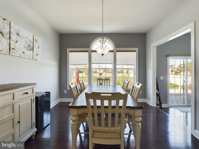 dining area featuring dark wood-type flooring and wine cooler