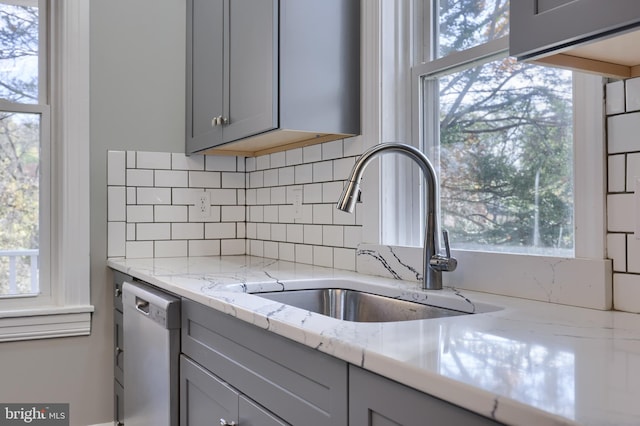 438 Green Spring Rd, York, PA 17403 - kitchen featuring stainless steel dishwasher, decorative backsplash, a sink, and gray cabinets
