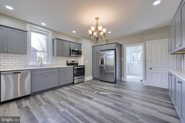 438 Green Spring Rd, York, PA 17403 - kitchen featuring an inviting chandelier, a sink, stainless steel appliances, gray cabinets, and tasteful backsplash