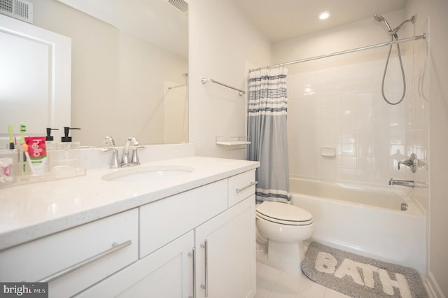 full bathroom with vanity, tile patterned floors, toilet, and shower / bathtub combination with curtain