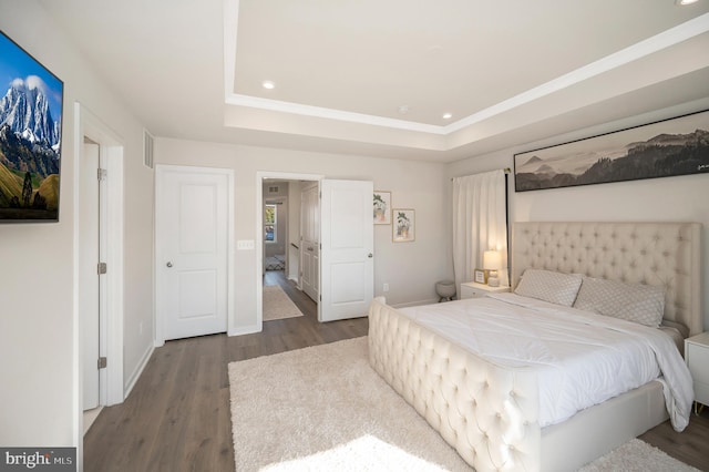 bedroom featuring a raised ceiling and dark hardwood / wood-style flooring