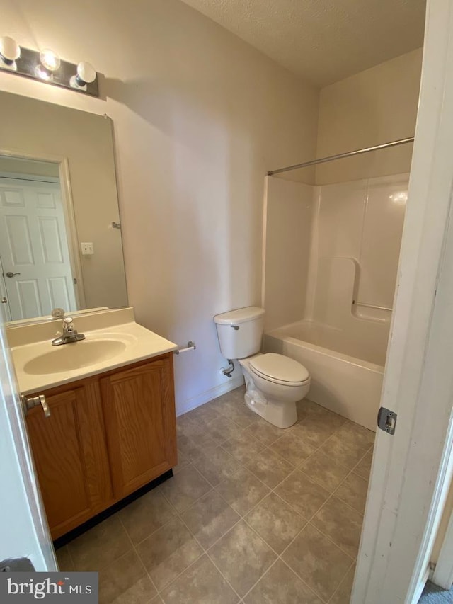 full bathroom featuring a textured ceiling, toilet, shower / tub combination, vanity, and tile patterned flooring