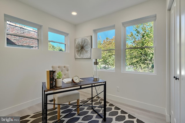 home office with light hardwood / wood-style floors and a wealth of natural light