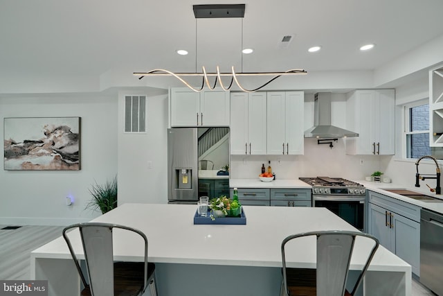 kitchen featuring wall chimney range hood, hanging light fixtures, a kitchen island, appliances with stainless steel finishes, and sink