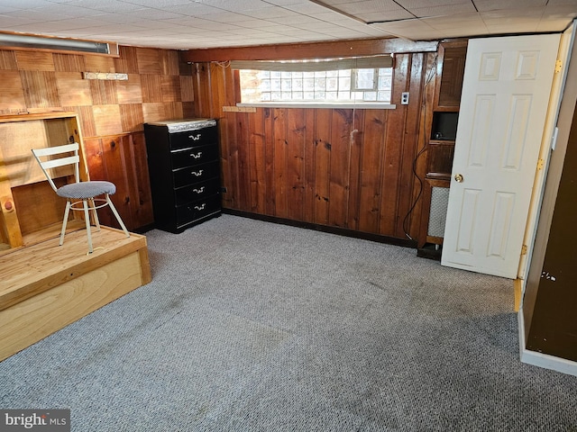 interior space with wooden walls and dark colored carpet