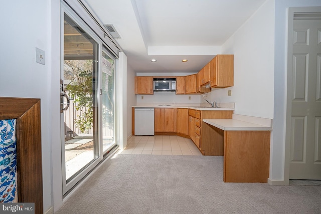 kitchen with sink, light colored carpet, and dishwasher