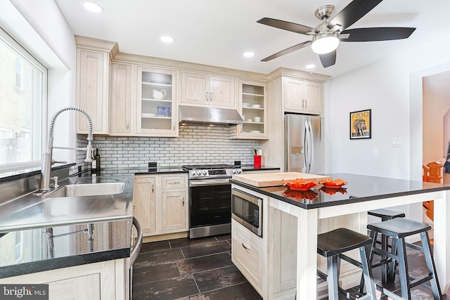 kitchen featuring a healthy amount of sunlight, a center island, stainless steel appliances, and sink