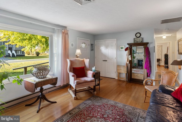 living room featuring a baseboard radiator and light wood-type flooring