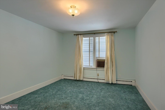 carpeted empty room featuring a baseboard heating unit and baseboards