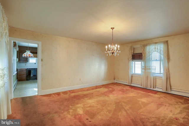 unfurnished dining area with baseboards, carpet floors, a baseboard radiator, and a notable chandelier