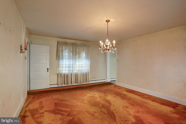 unfurnished dining area featuring carpet, baseboards, and a notable chandelier