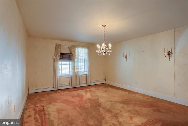 unfurnished dining area with carpet, a baseboard radiator, baseboards, and a notable chandelier