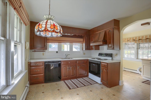 kitchen with black dishwasher, light countertops, electric range oven, a baseboard heating unit, and premium range hood